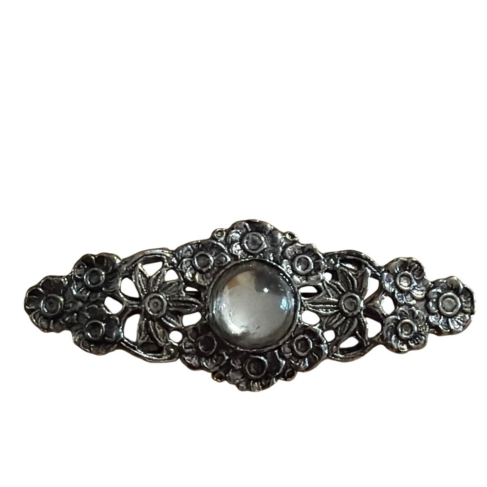 Vintage Silver Tone Floral Filigree Brooch with Center Cabochon Stone Retro